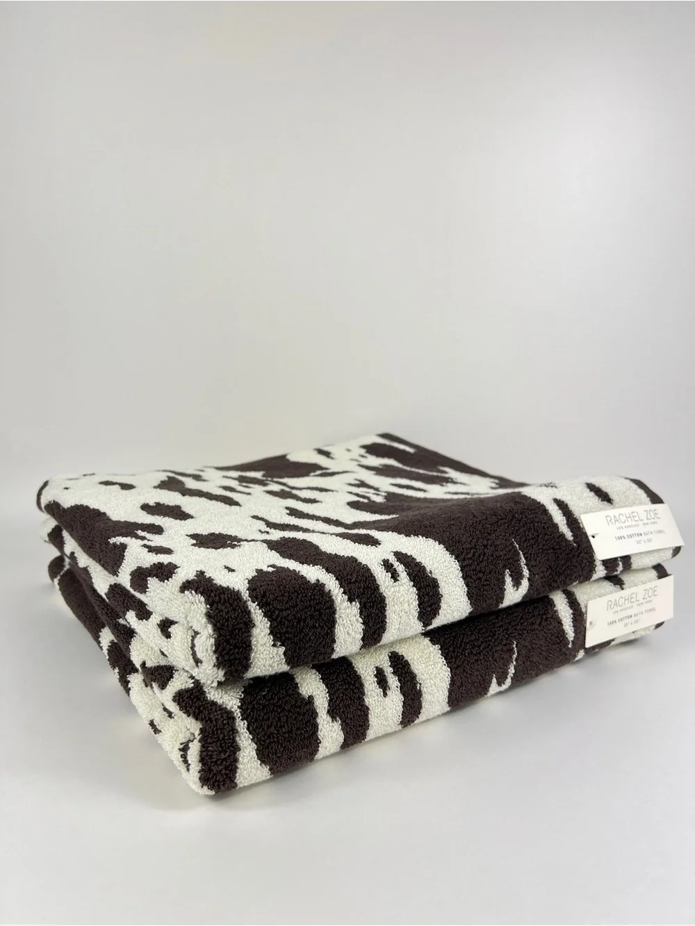 Rachel Zoe Bath Towels Cow Print Brown and Cream Soft 100% Cotton Set of 2 NEW